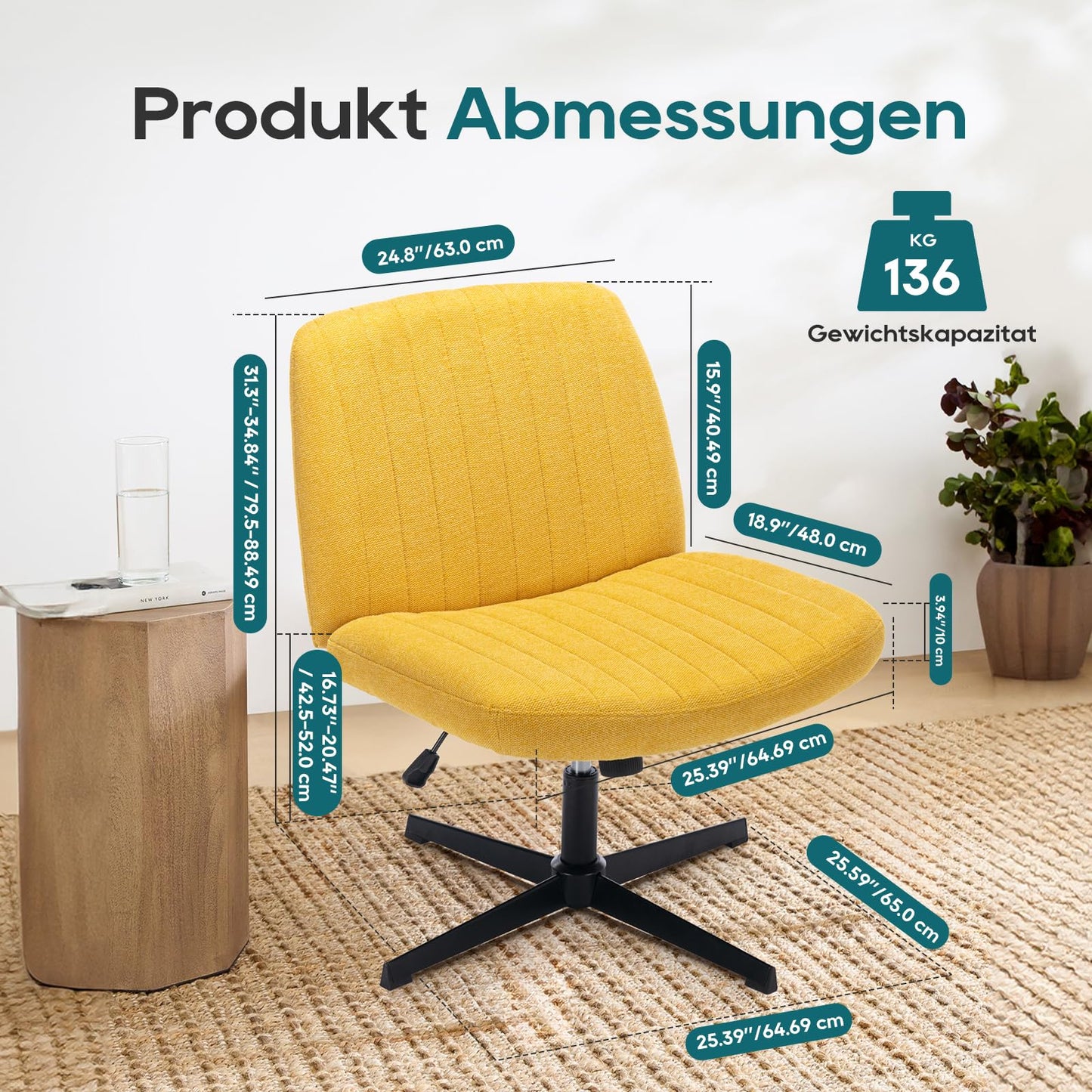 COLAMY Breiter Bürostuhl, Gepolsterter Armloser Schreibtischstuhl Drehbarer Home Office Stuhl 115° Wippfunktion Ergonomischer Computerstuhl für Home Office, Schminken, Gaming (Kreuzfuß, Gelb)