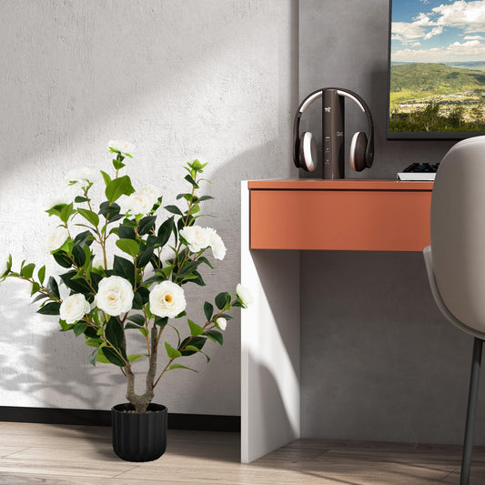 COSTWAY 2er Set Kunstbaum mit Blüten 95cm, Künstlicher Kamelienbaum, Kunstpflanze im Topf, Kamelienpflanze mit 24 Blüten & natürlicher Stamm, Kunstblume Zuhause, Zimmerpflanze Dekopflanze (2, Weiß)