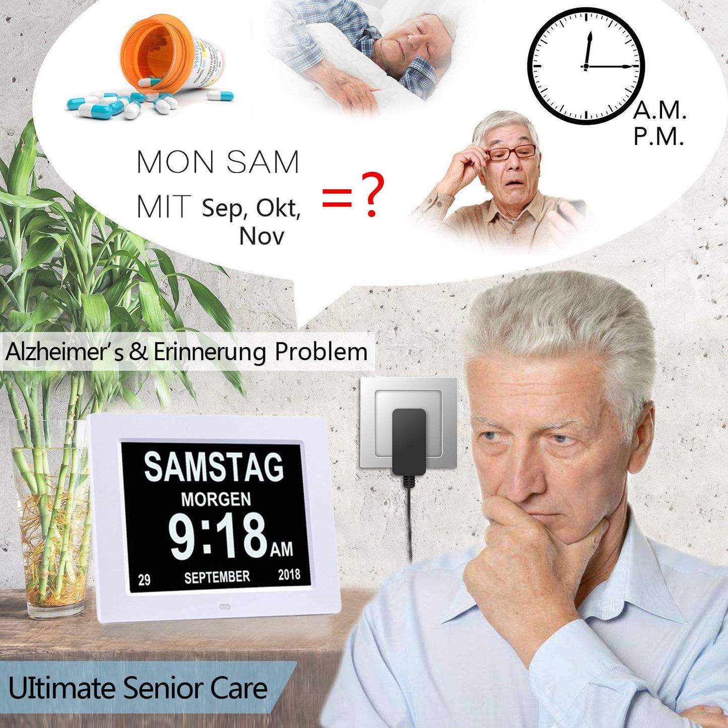 SENXINGYAN 8" Digital Wecker,Digitaler Kalender Tag Uhr Für Demenz sehschwachen Gelesen Werden,Kinder, Senioren, Sehschwache und Alzheimer Patienten (Weiß)