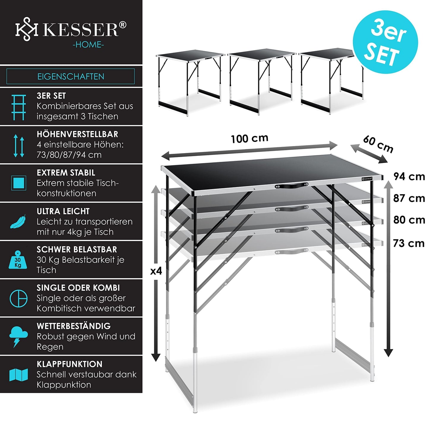 KESSER® Multifunktionstisch Profi 3- teilig, 100 x 60 cm, Tapeziertisch 30kg Tragkraft je Tisch Mit Ausziehfunktion Klapptisch Flohmarktisch Beistelltisch Mehrzwecktisch Campingtisch höhenverstellbar