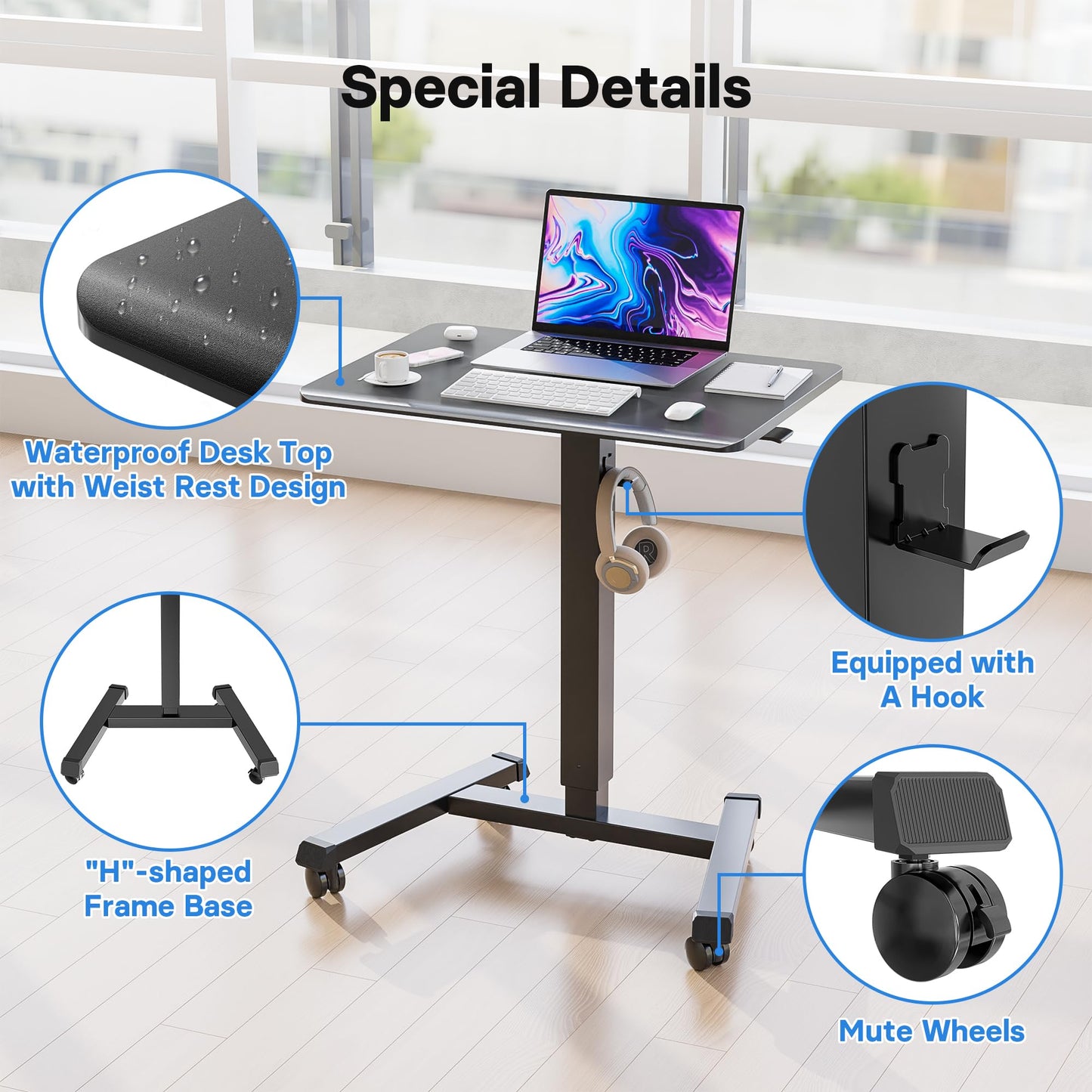 BONTEC 65×45cm Stehpult Höhenverstellbarer Schreibtisch/Mobiler Stehtisch mit 4 Rollen, Steh-Sitz Schreibtisch mit Rädern, Überbett-Tisch für Wohnzimmer, Max 15KG,Schwarz