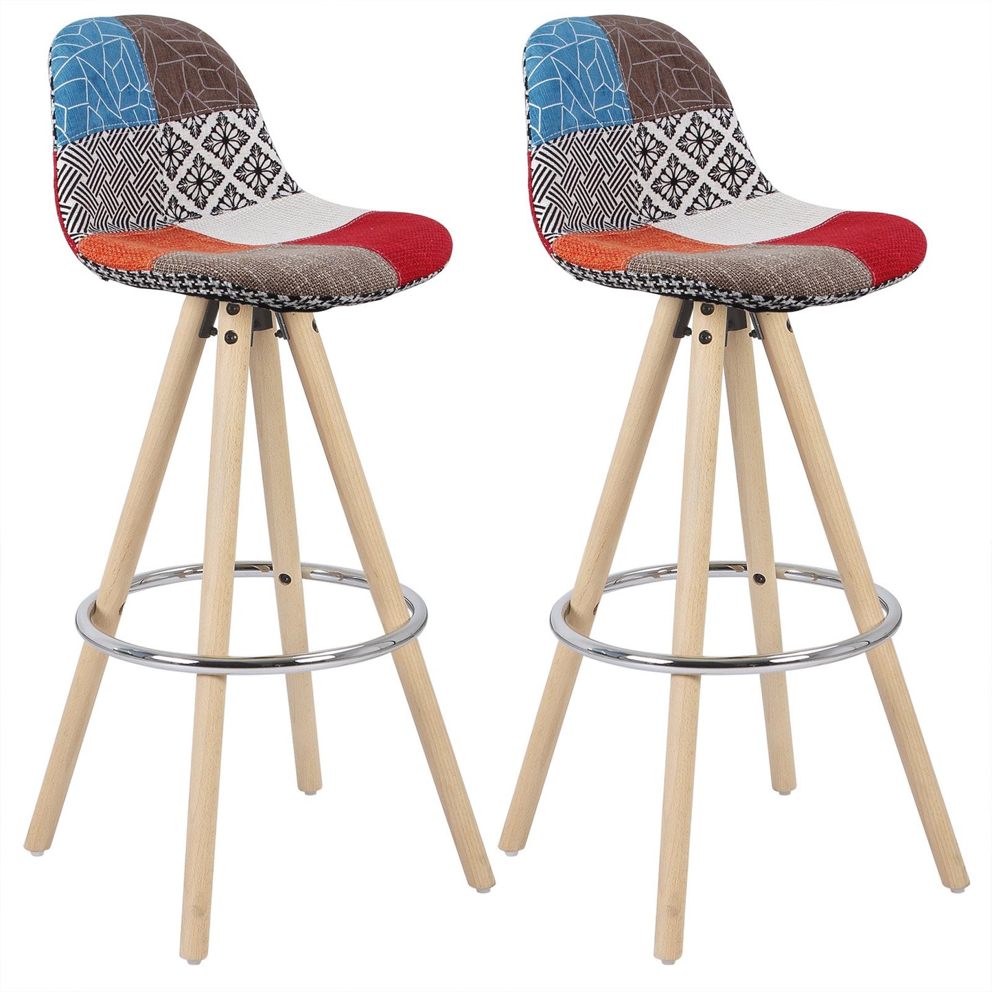 WOLTU Barhocker 2er Set Barstuhl aus Leinen Holzgestell mit Lehne + Fußstütze Design Stuhl Küchenstuhl optimal Komfort Patchwork Mehrfarbig BH45mf-2