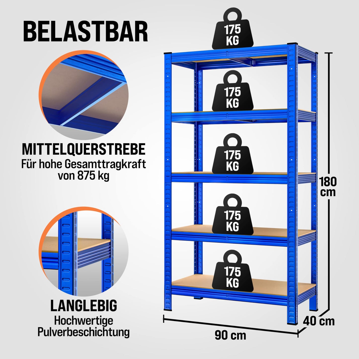 Monzana® 2X Schwerlastregal 180x90x40cm blau 1750kg 10 MDF-Platten Montagematerial Kellerregal Lagerregal Steckregal Metallregal Werkstattregal