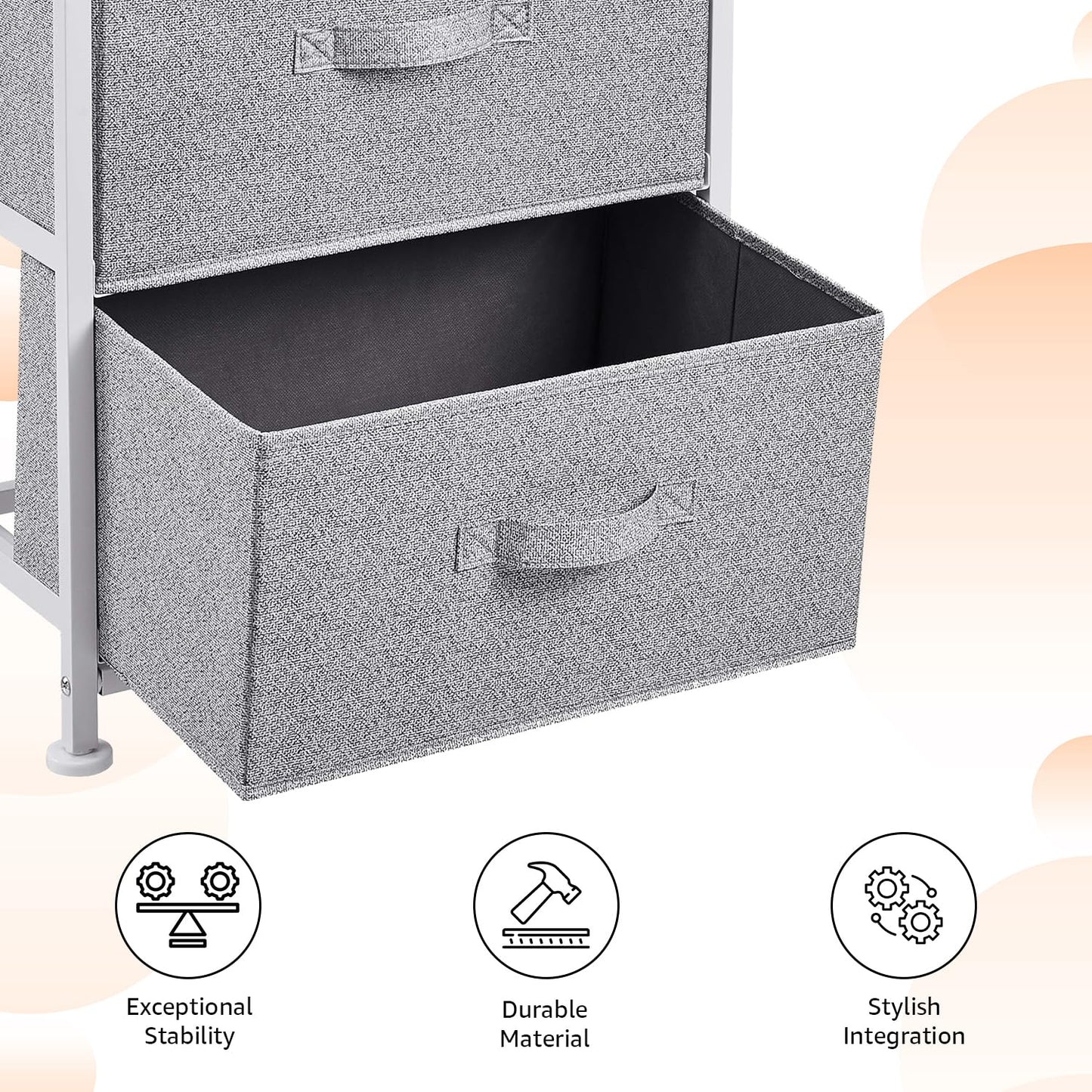 Amazon Basics Schubladenschrank-Ordnungssystem mit Stabilem Metallrahmen und 4 Herausnehmbaren Schubladen aus Stoff, Weiß