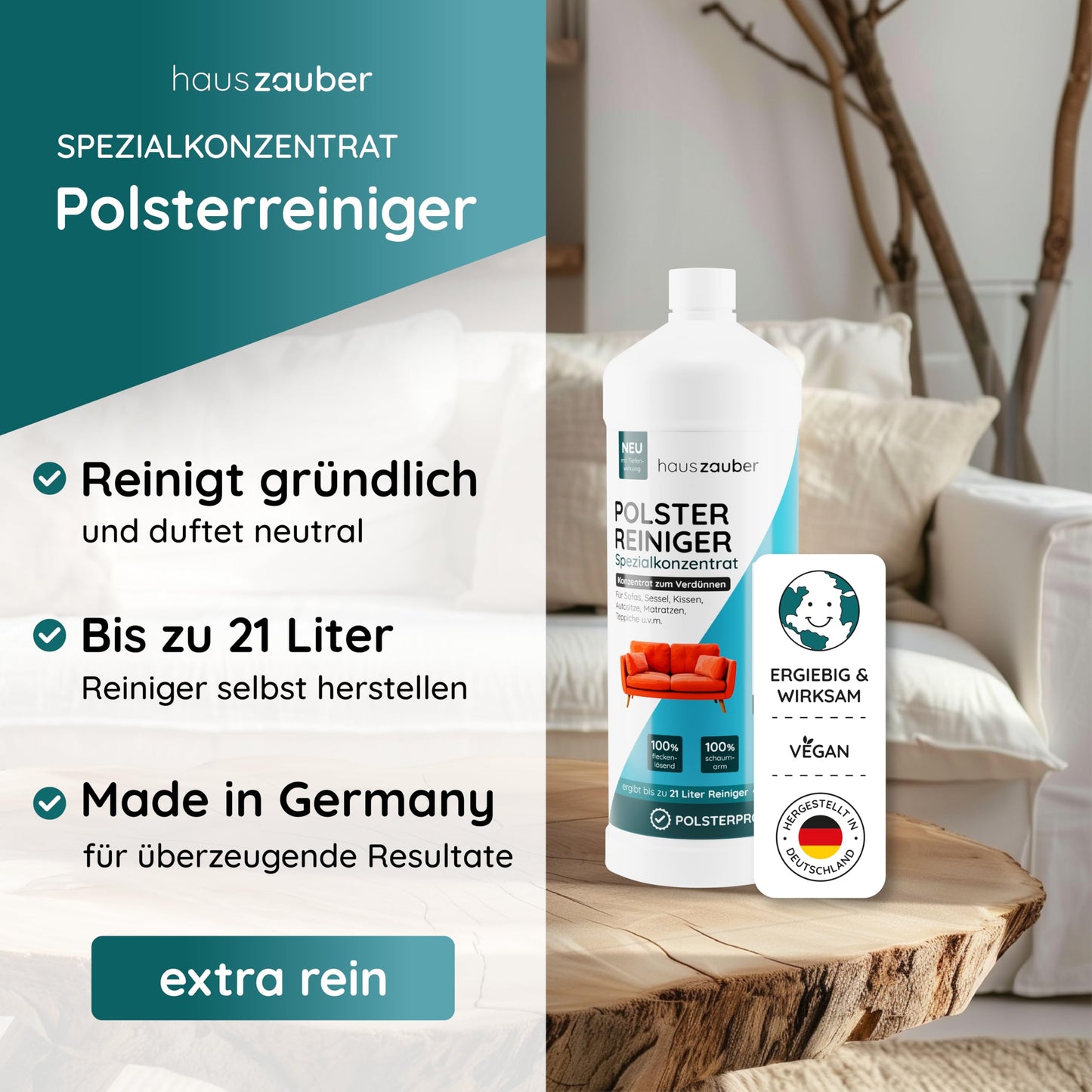 hauszauber® - Polsterreiniger Konzentrat [EXTRA REIN] - 1000 ml - Für Waschsauger, Nasssauger und manuelle Reinigung - Sofa, Auto, Couch, Sessel, Teppich - Fleckenentferner