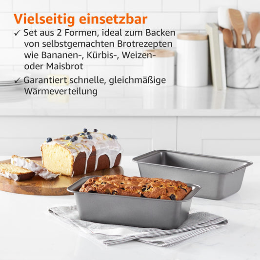Amazon Basics Rechteckig Brotbackform, 2er-Pack, antihaftbeschichtet, Karbonstahl, Grau, 27x15x7 cm