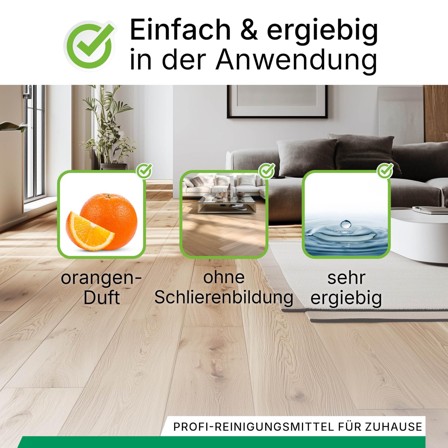 BiOHY Reinigungsmittel für Saugwischer mit Orangenduft (1l Flasche) | 1:200 Konzentrat für alle Nass-Trockensauger | ideal für Fliesen, PVC, Parkett, Laminat & Teppich | streifenfreier Glanz