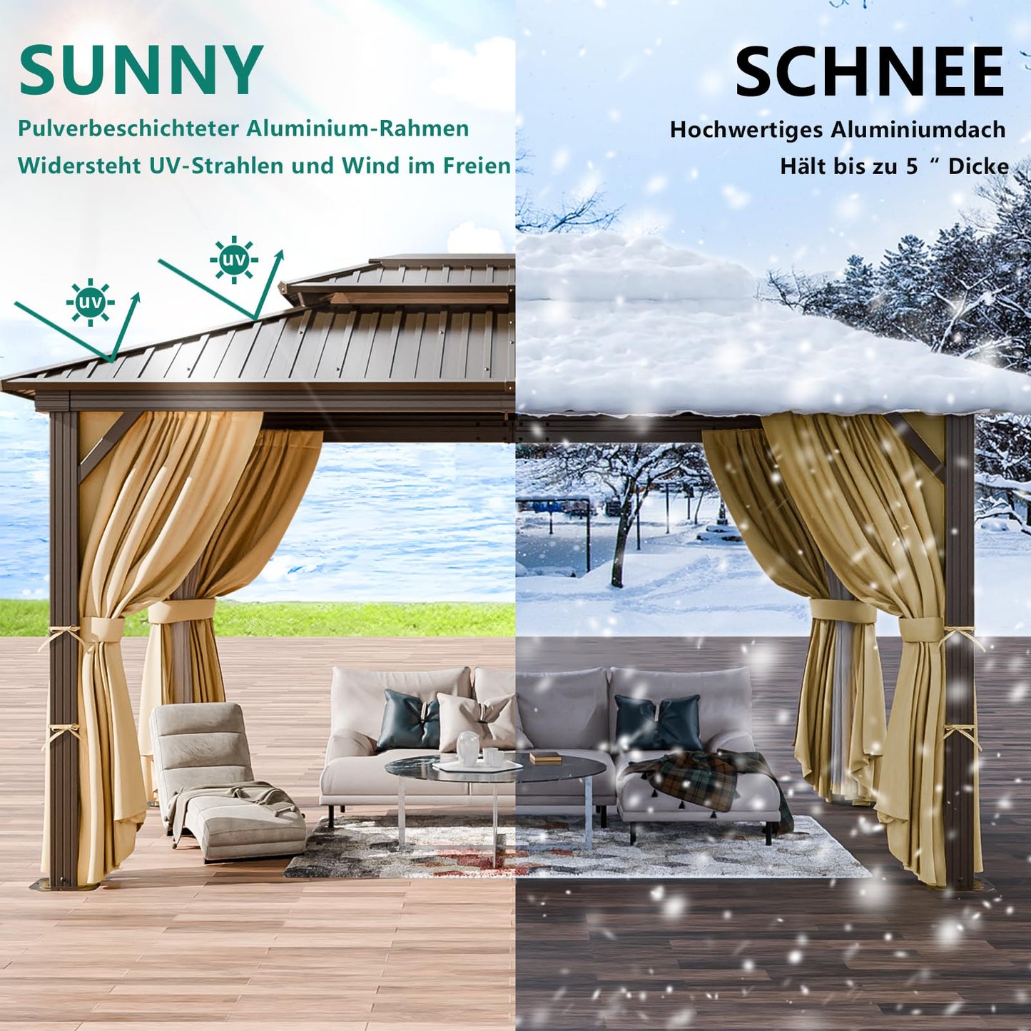 HOTEEL 3x3.65m Hardtop Pavillon Wasserdicht Stabil Winterfest, Gartenpavillon Metall mit Verzinkter Stahl Doppeldach, Alu-Rahmen, Schwer Entflammbare Vorhänge & Moskitonetz, Braun (2025 Aufrüstung)