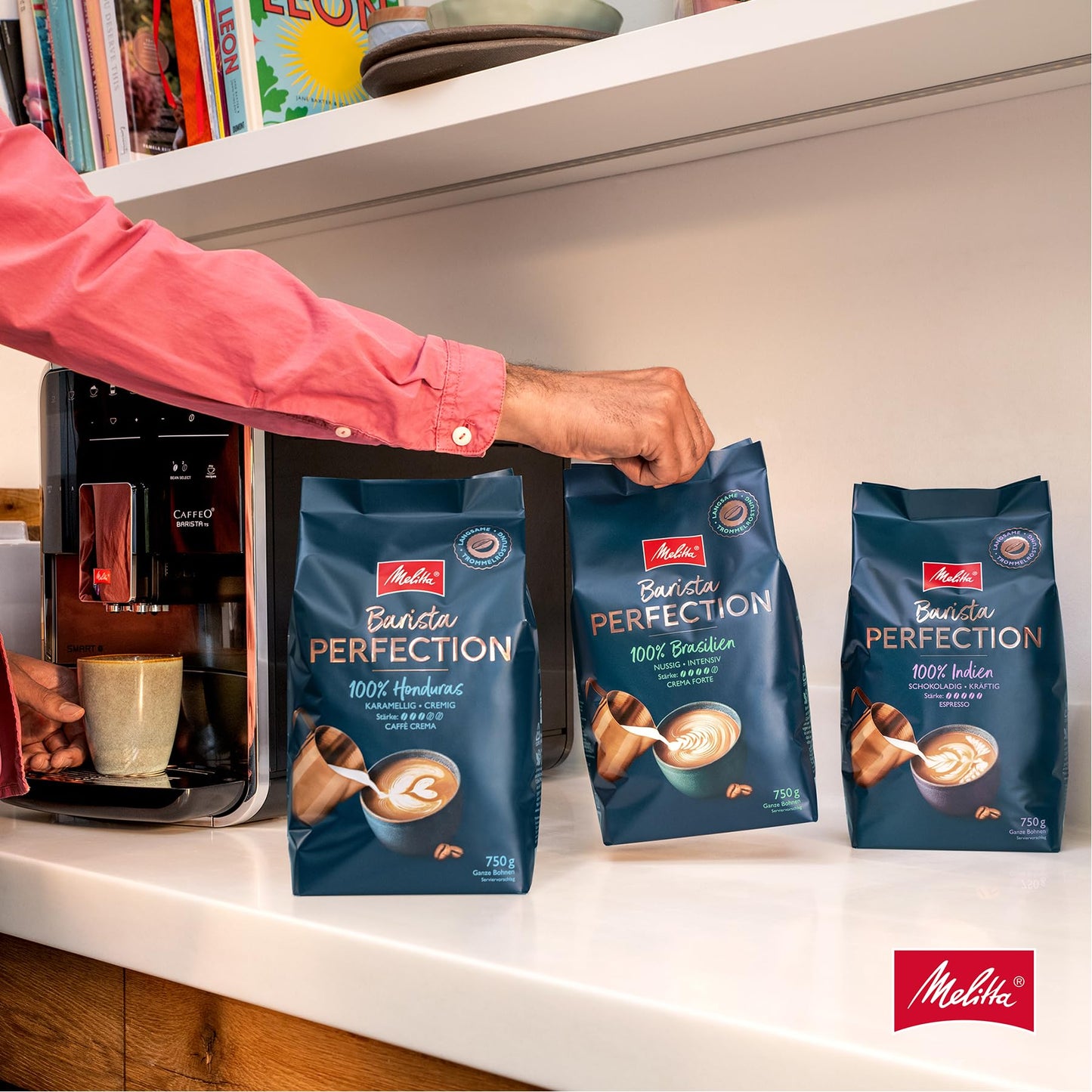 Melitta Barista Perfection 100% Indien, Ganze Kaffee-Bohnen 750g, ungemahlen, Single-Origin-Kaffee, Arabica-Robusta-Blend, langsame Trommelröstung, Espresso, Stärke 5