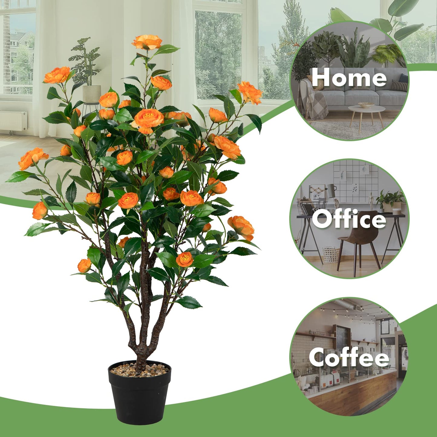 COSTWAY 100 cm Kunstbaum mit Blüten, Künstlicher Kamelienbaum, Kunstpflanze im Topf, Kamelienpflanze mit 37 Blüten und natürlicher Stamm, Kunstblume für Zuhause Büro, Zimmerpflanze Dekopflanze