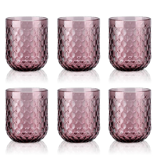 Joeyan 200ml klein Violett Trinkgläser Set von 6,Bunt Wassergläser Set mit Diamant Geprägtem Design,Vintage Gläser Set for Zuhause Restaurant Bar,Spülmaschinenfest