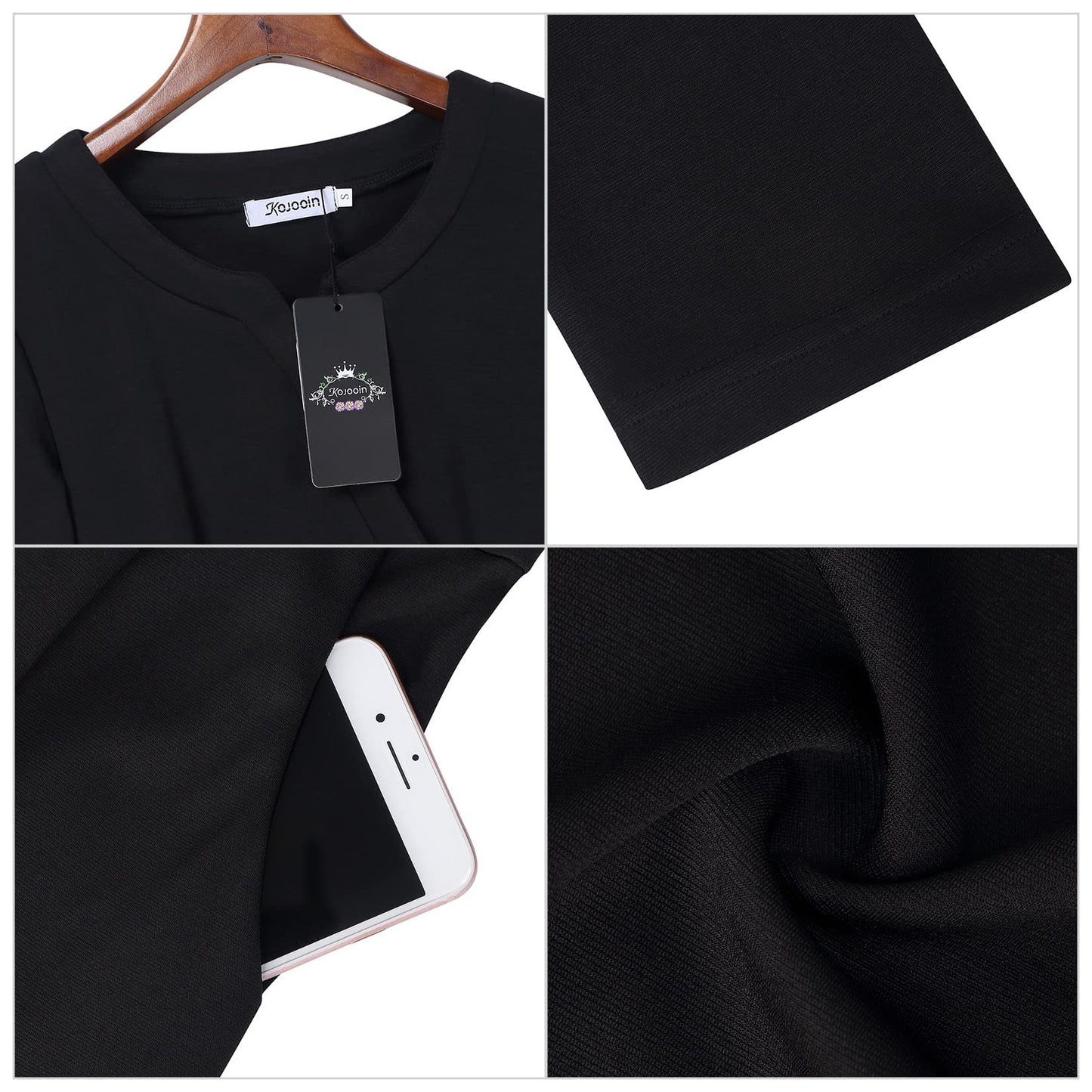 KOJOOIN Damen Elegant Etuikleider Knielang Langarm Business Kleider Schwaz（V-Ausschnitt） M