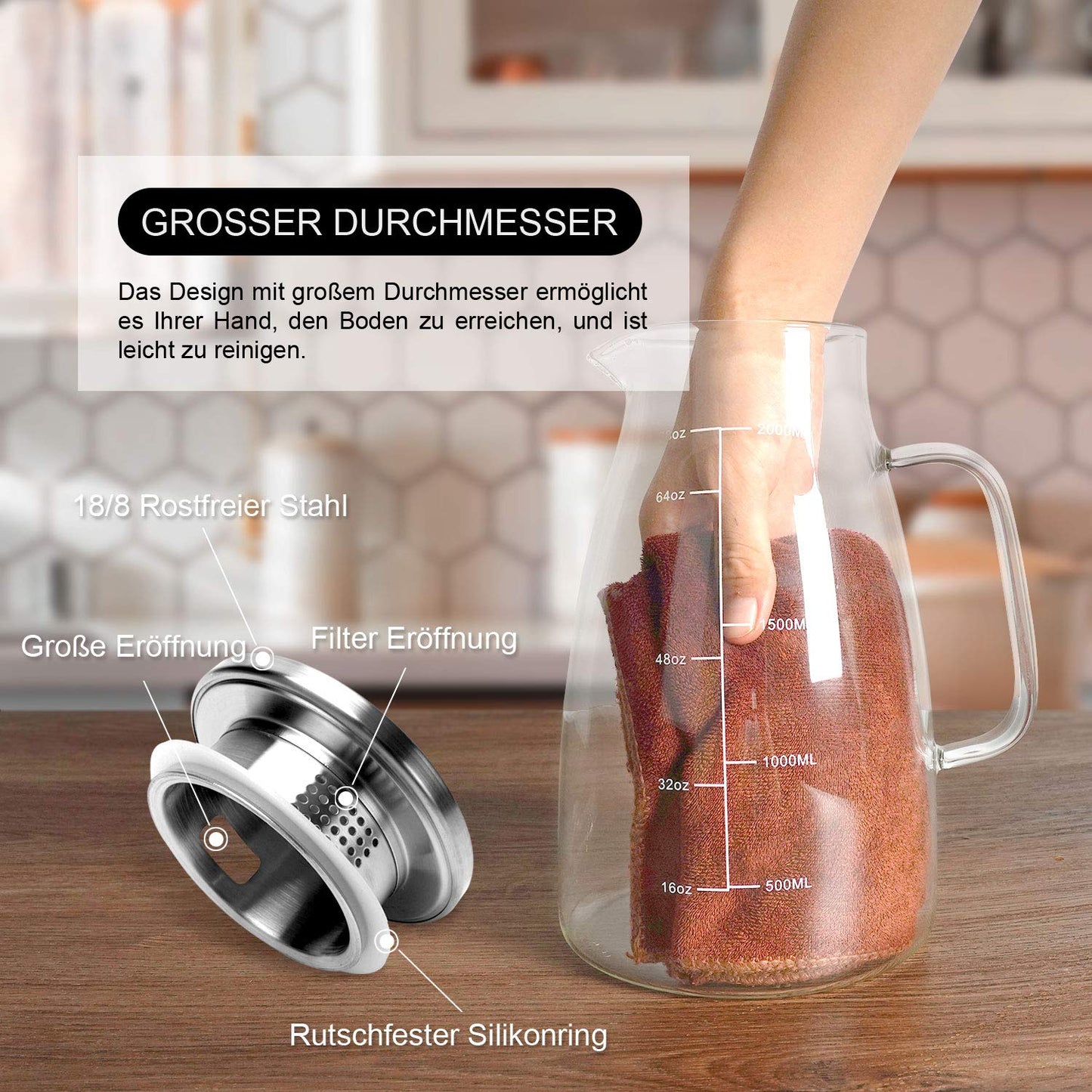 Aofmee Karaffe, Karaffe 2 Liter, Glaskaraffe, Wasserkaraffe, Karaffe Glas, Glaskaraffe mit Deckel, Wasserkrug, Glaskrug, Wasserkaraffe mit Kühlung, Eistee Krug Saft Krug, Getränkekaraffe Glaskanne