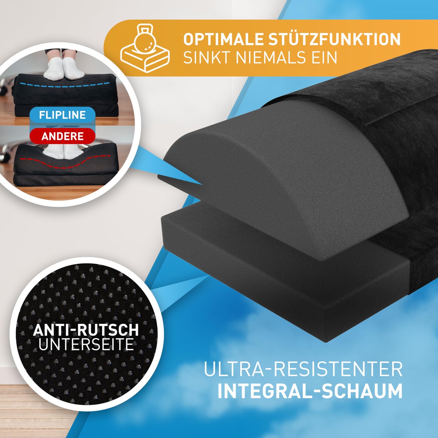 FLIPLINE Fußstütze Schreibtisch - [TEST SEHR GUT] - Höhenverstellbare Fußbank [rutschfest] - mit Flauschfaser Fußtasche - für Schreibtisch Büro Homeoffice Zubehör - Fußkissen Footrest Fußhocker