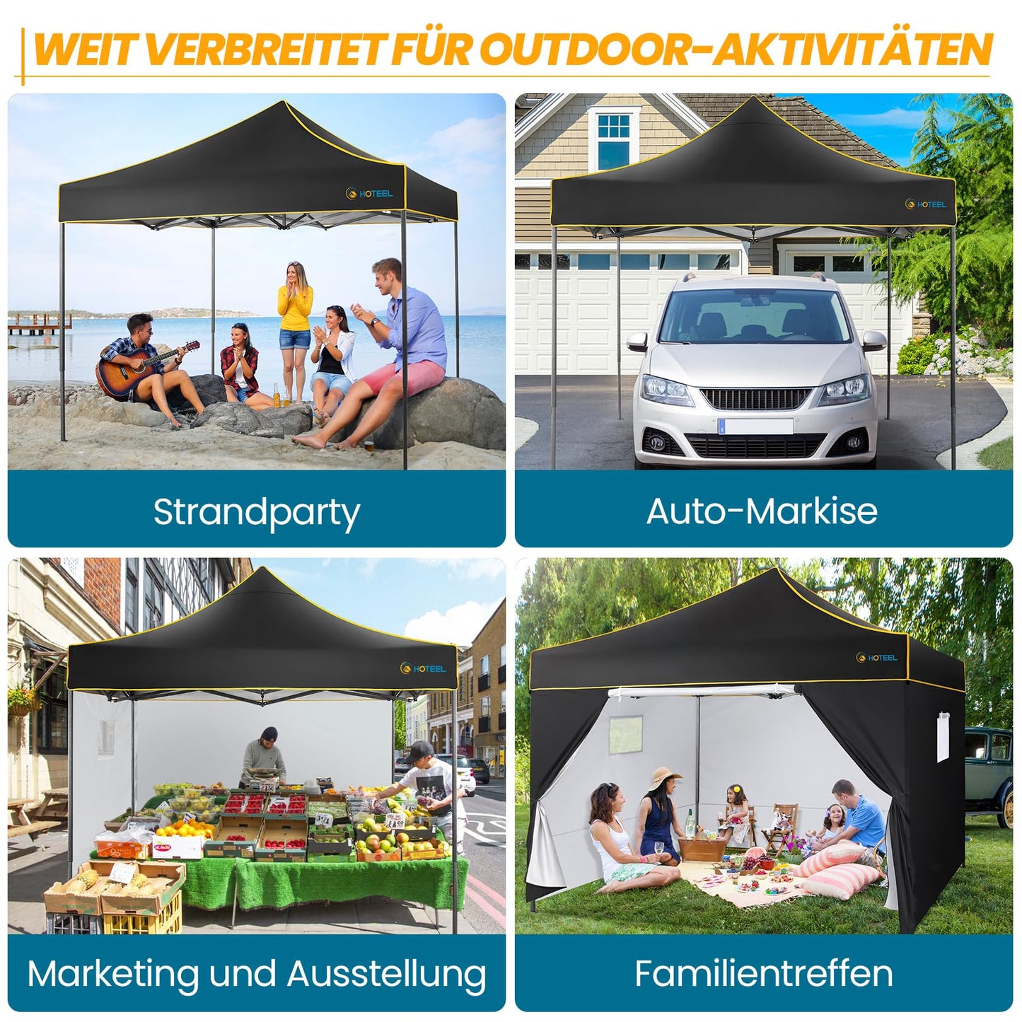 HOTEEL Faltpavillon Pavillon 3x3 Wasserdicht Stabil Winterfest Gartenpavillon, Pop Up Pavillon mit 4 Seitenwänden, Partyzelt 3x3 für Garten, Party, UV Schutz 50+ 3 Stufen Höhenverstellbar, Schwarz