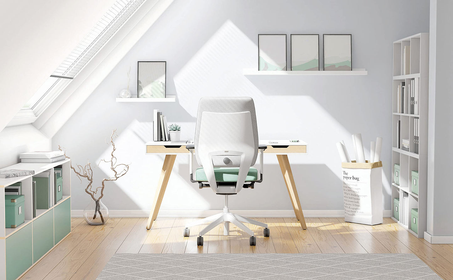 Interstuhl Joyce Interior Edition - ergonomischer Bürostuhl - Schreibtischstuhl mit Synchromechanik - verstellbare Rückenlehne und Lordose - Designer-Rollen (Türkis | Weiß)