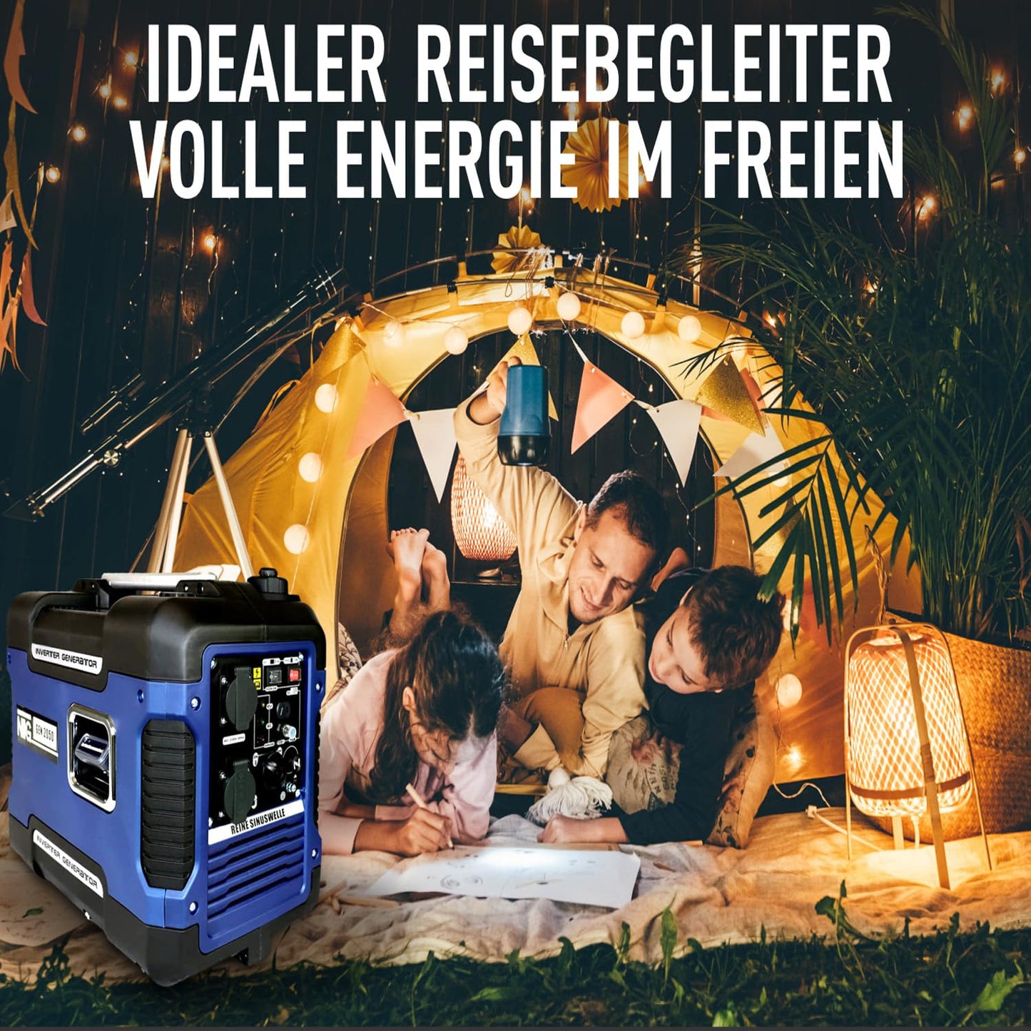 Inverter Stromerzeuger GNR.2050 | leise nur 59 dB(A) | 4l Tankvolumen l 4-Takt Motor l Benzin l mit Tragegriff l Ölsensor & Eco-Modus l Strom Generator l Notstromaggregat l Stromaggregat