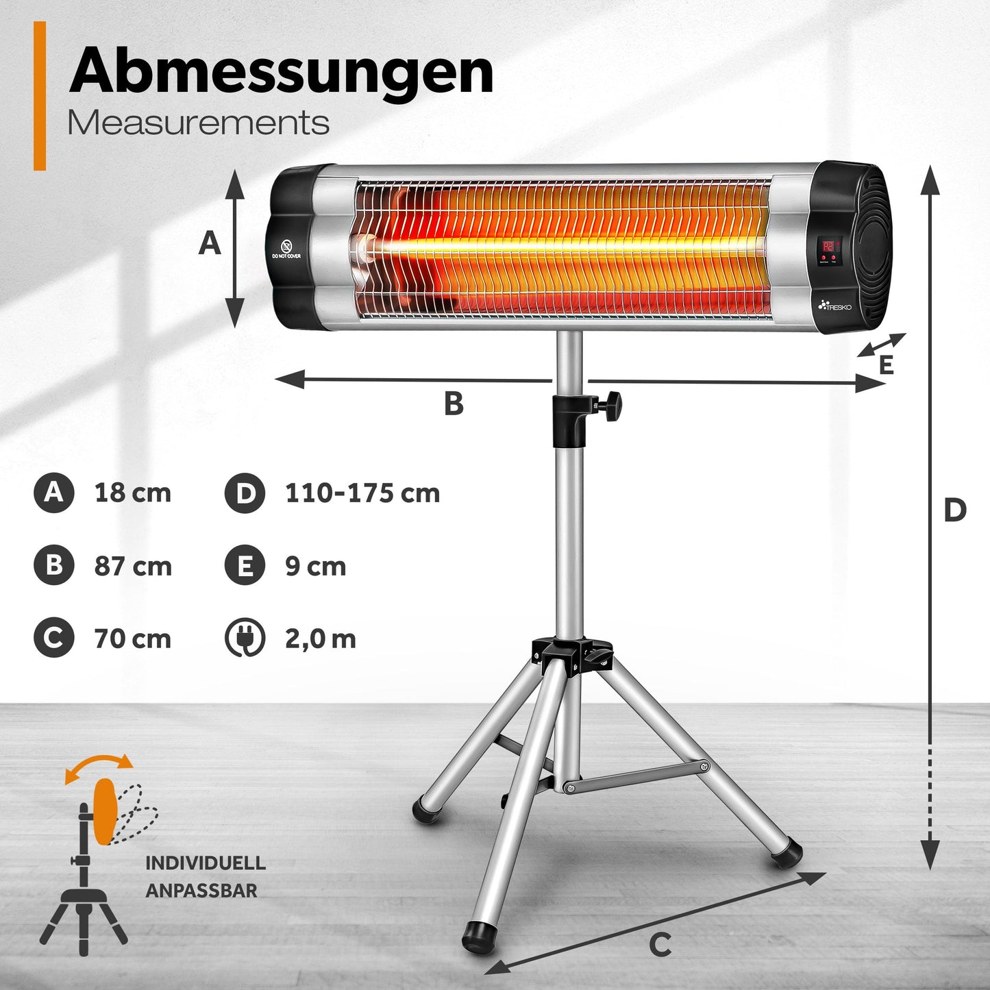 TRESKO Infrarot Heizstrahler 2500W mit Fernbedienung | Wärmestrahler elektrisch mit 3 Heizstufen | Terrassenstrahler Innen & Außen | Infrarotstrahler höhenverstellbar