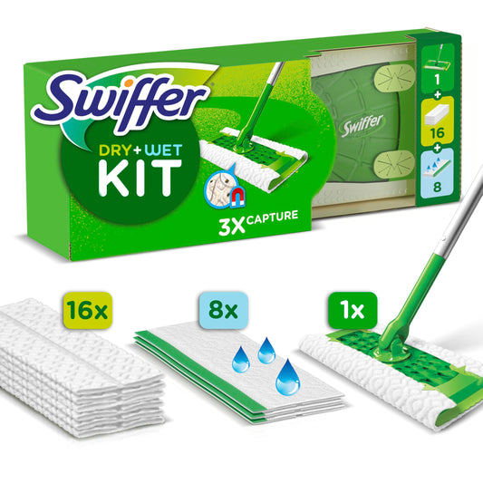 Swiffer Bodenwischer Dry & Wet Starter-Set Zum Reinigen Von Hartholz Und Böden, Enthält: 1 Bodenwischer, 16 Trockene Bodentücher, 8 Feuchte Bodentücher