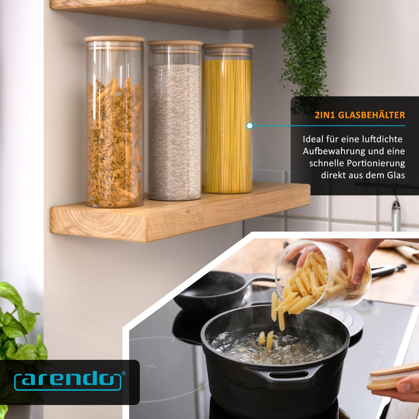 Arendo Vorratsgläser mit Deckel Luftdicht 3x 10x28 cm, 2L, Vorratsdosen Glas mit Deckel Pasta, Vorratsdosen mit Deckel luftdicht Glas, hitzebeständig, Vorratsglas mit Holzdeckel