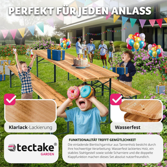 tectake® Bierzeltgarnitur, Festzeltgarnitur, Biertisch, Set 2X Bierbank 1x Tisch klappbar, als Gartenmöbel, Balkon Möbel oder zum Camping, platzsparend, wetterfest und robust