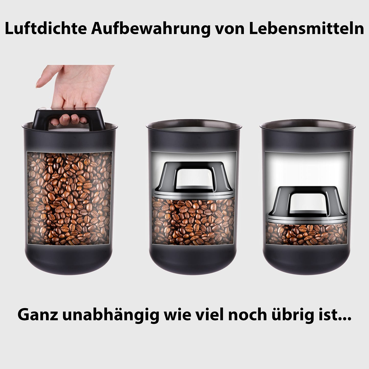 Kaffeedose luftdicht für 1 kg Kaffeebohnen mit Vakuumdeckel (Behälter für Kaffee, Tee, Edelstahl Dose zur Aufbewahrung mit Aromaverschluss, Vorratsdose für 1000 g Kaffee) Schwarz Matt (2800 ml)