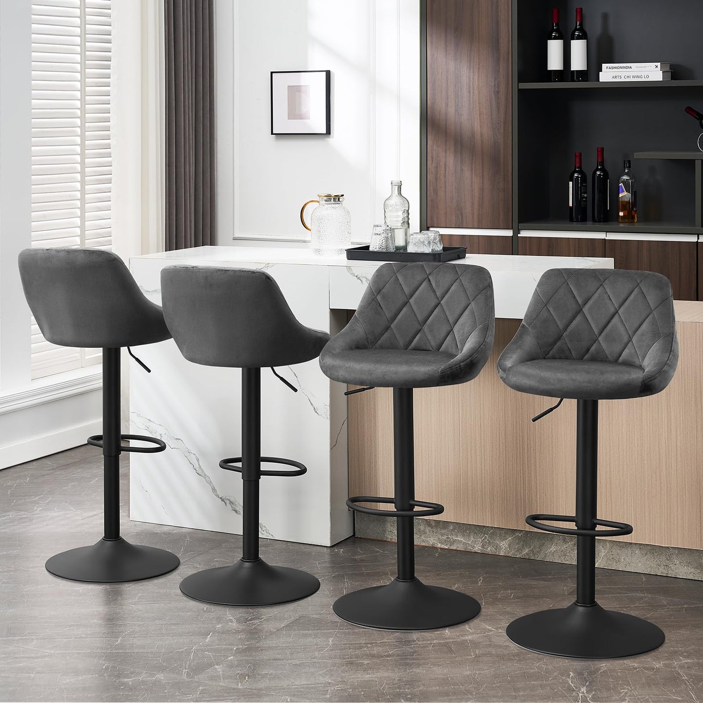 WOLTU Barhocker Tresenhocker, Gute gepolstert, Samt, Höhenverstellbar, Drehbar, 2 x Hocker, Dunkelgrau