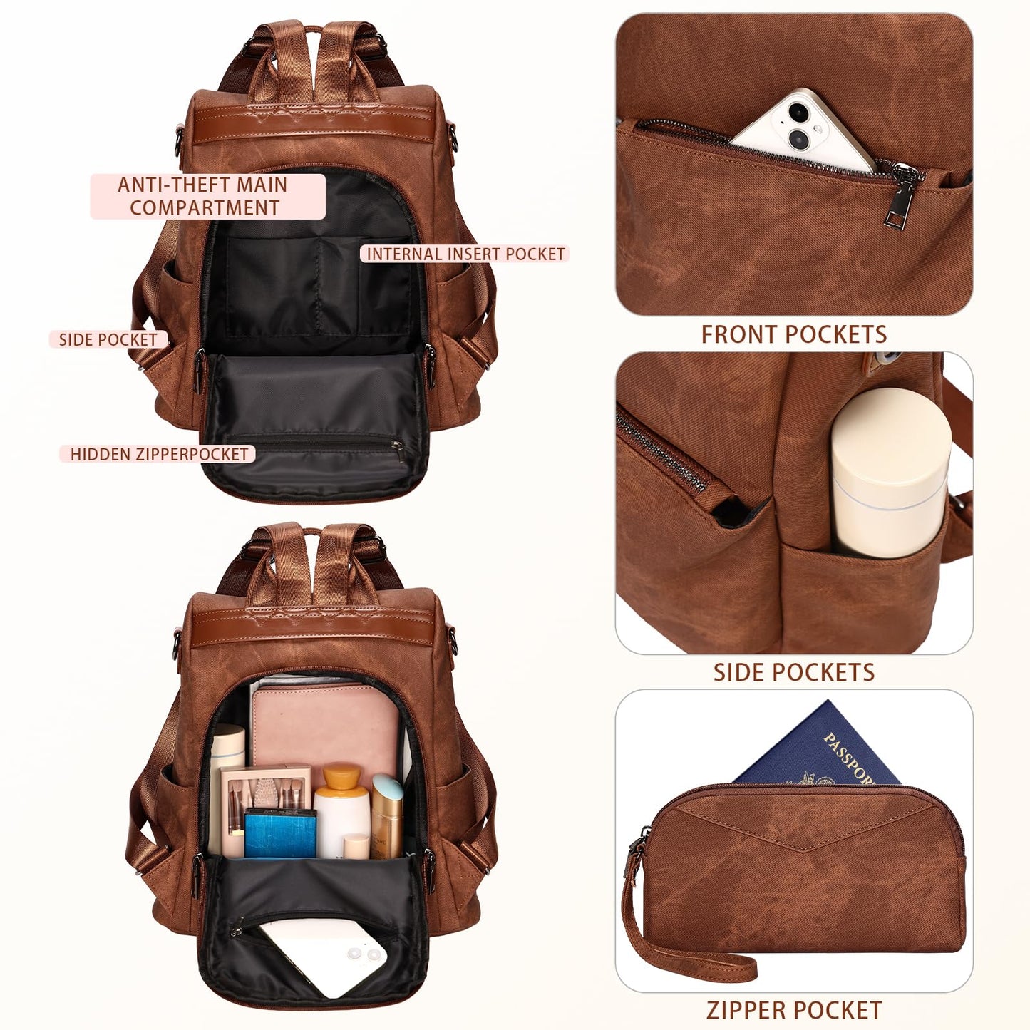 Leathario Damen Rucksack klein，Cityrucksack aus Veganem Leder Eleganter Rucksack，Antidiebstahl-Kleiner Rusack für Mädchen Und Fraun Modern zur Schule Arbeit Reise, Braun
