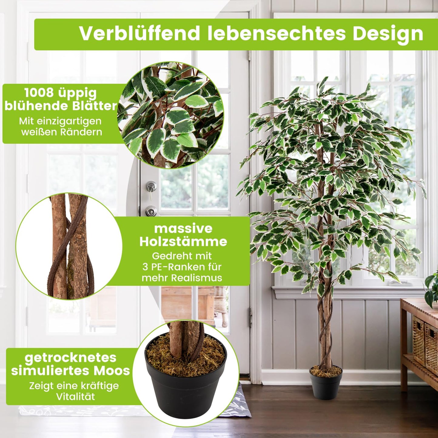COSTWAY 160 cm Kunstpflanze grün, Künstliche Pflanze Ficus Benjamin, Dekopflanze mit natürlichem Holzstamm & Blättern, Zimmerpflanze Deko, Kunstbaum Innendekoration, für Zuhause Garten Büro