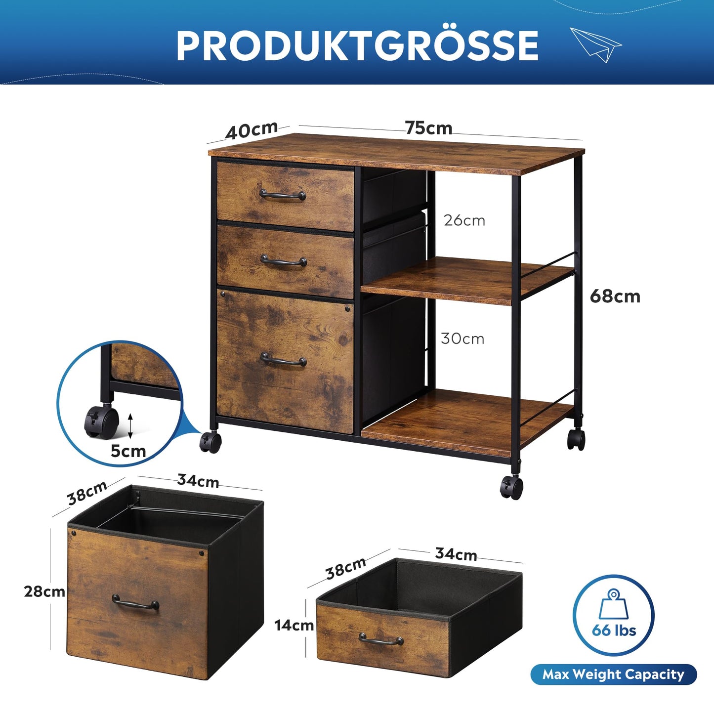 DEVAISE Rollcontainer, Aktenschrank mit 3 Stoffschubladen und 2 Offene Fächer, Büroschrank für Home-Office, Druckerständer, Vintagebraun
