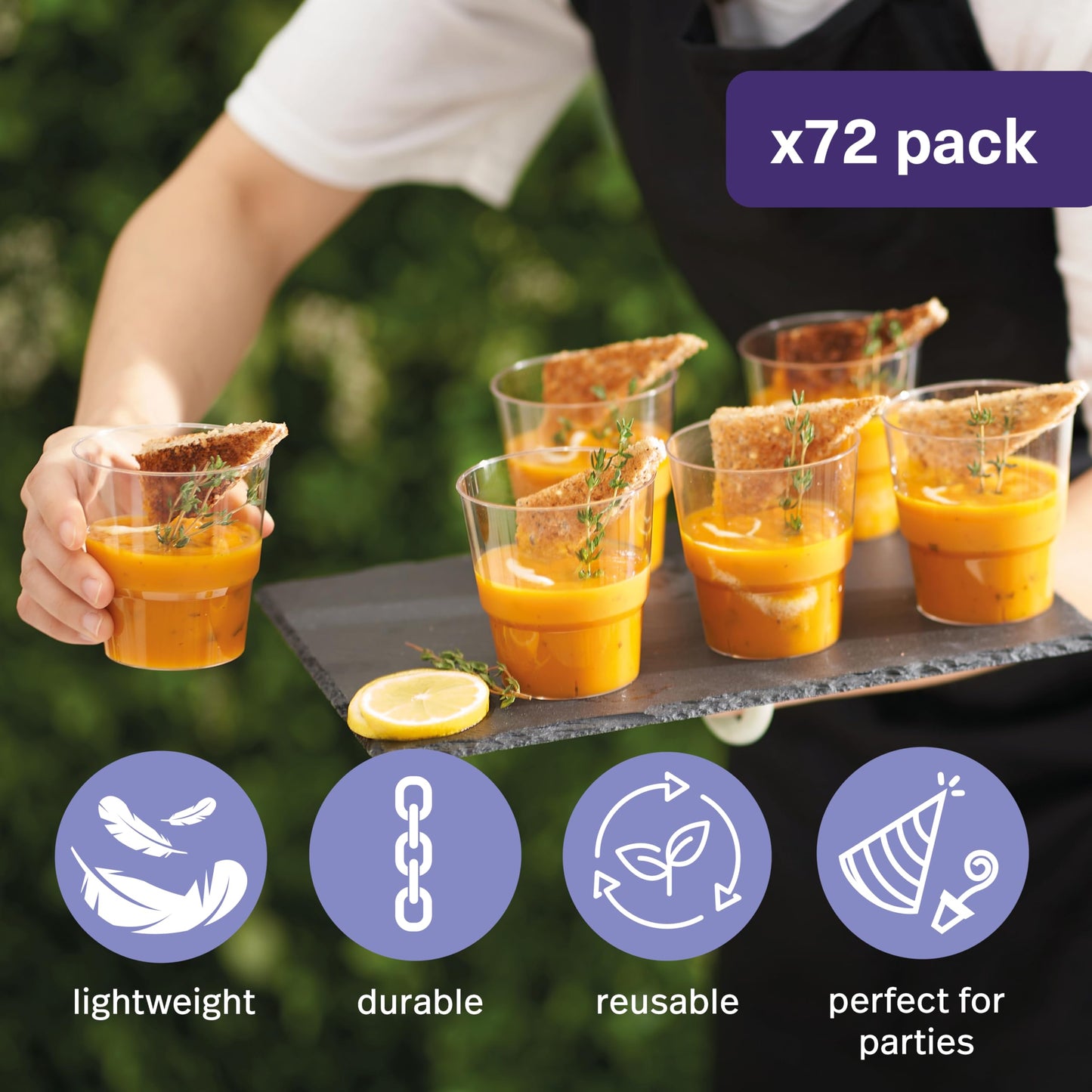MATANA 72 Hartplastik Dessertschalen für Partys, Buffets (Rund, 225ml) - Plastikbecher, Dessertgläser, Dessertbecher für Nachtisch, Pudding, Mousse, Tiramisu - Stabil & Mehrweg