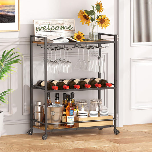 Lifewit Servierwagen, 3-stöckiger Barwagen mit blockierbaren Rädern, Weinregal und Glashaltern, Küchenwagen, Esszimmer, Wohnzimmer, 63,2 x 30 x 81,5 cm, Rustikales Braun