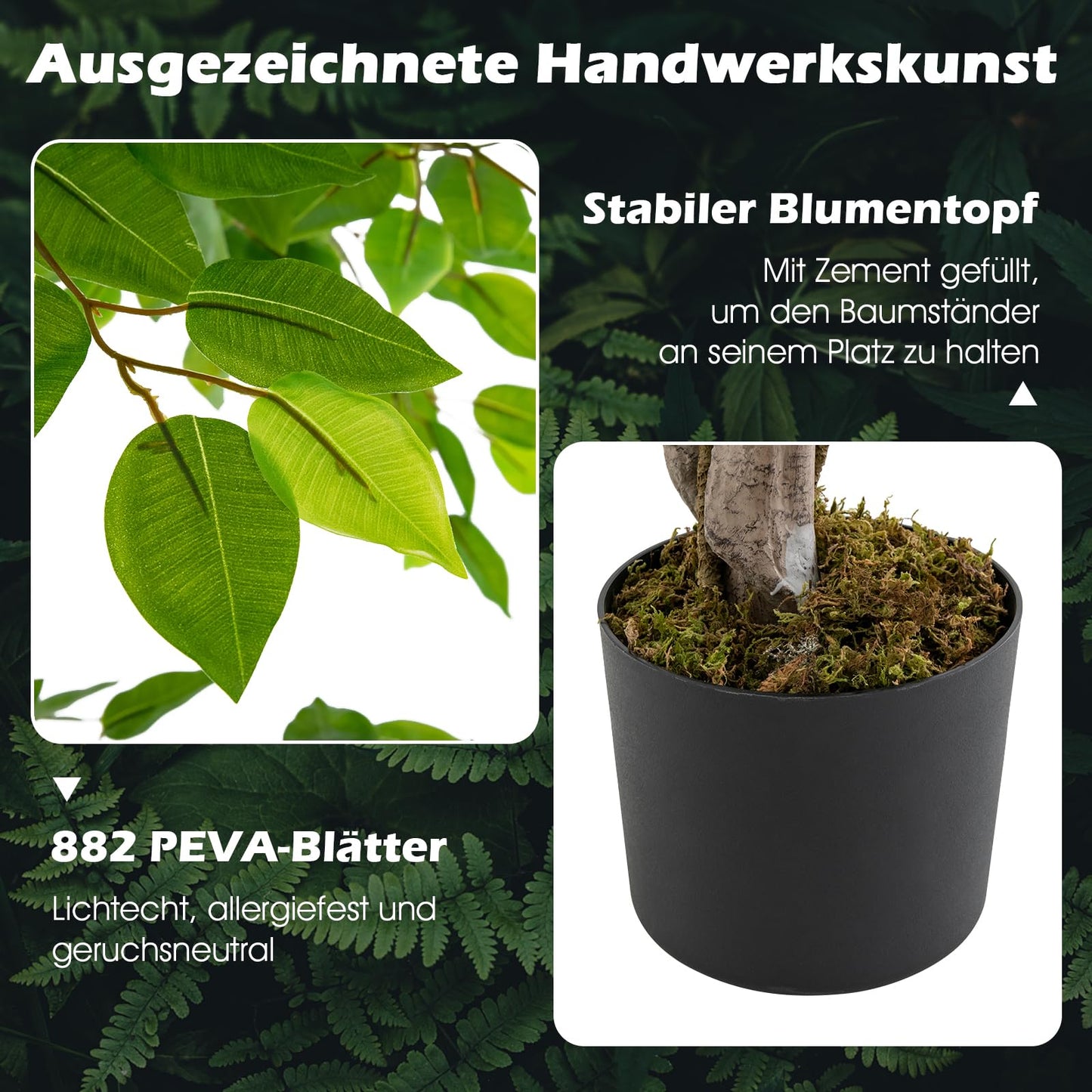 COSTWAY 150 cm Kunstpflanze grün, Künstliche Pflanze Ficus Benjamin, Dekopflanze mit natürlichem Holzstamm & Blättern, Zimmerpflanze Deko, Kunstbaum Innendekoration, für Zuhause Garten Büro