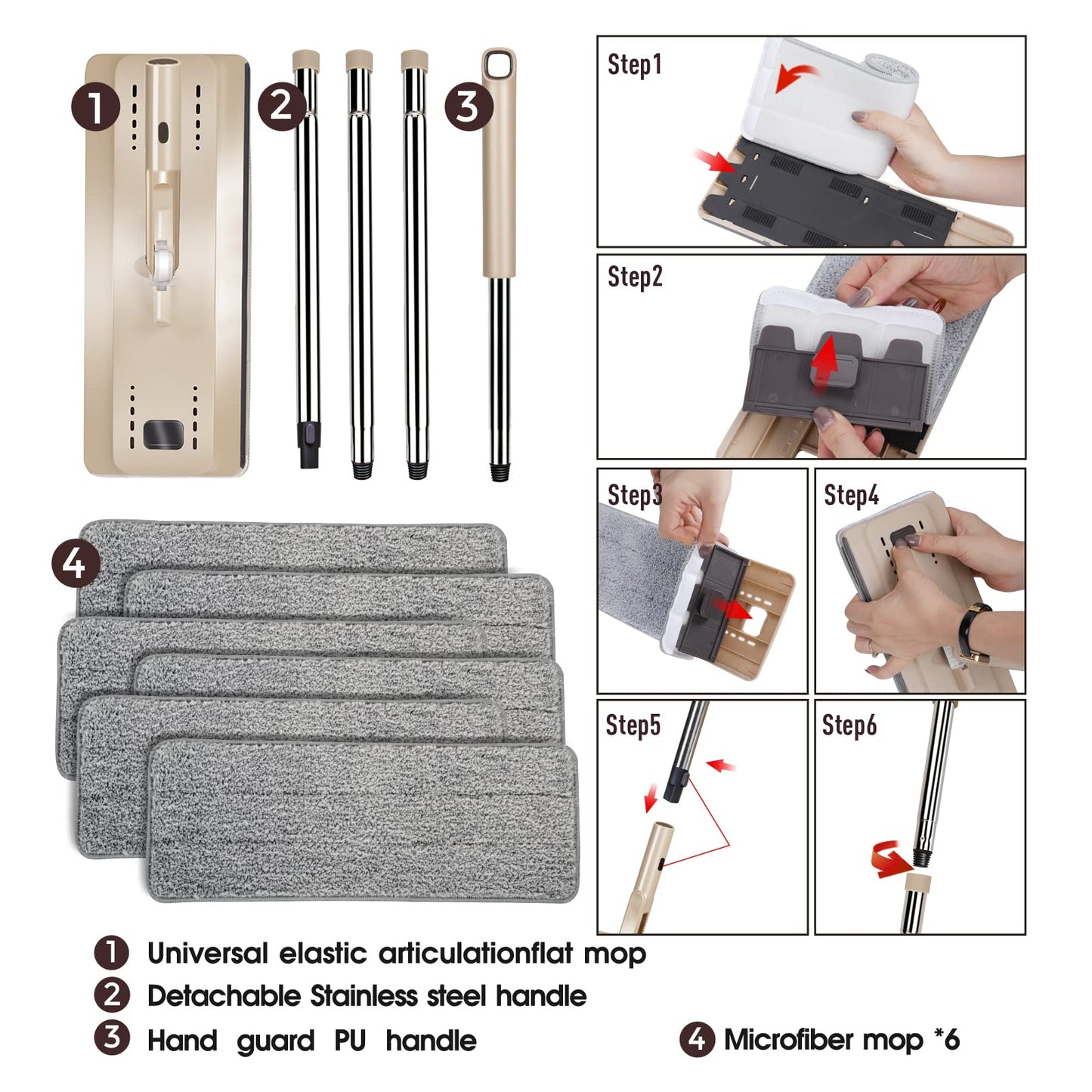 Masthome Wischmopp Set mit Eimer,Bodenwischer Set mit Eimer, 138cm Wischmopp mit Auswringfunktion, 6 Wischpads,Mikrofaser Flacher Mopp aus Einstellbar Edelstahlgriff für Alle Bodentypen Bodenreinigung