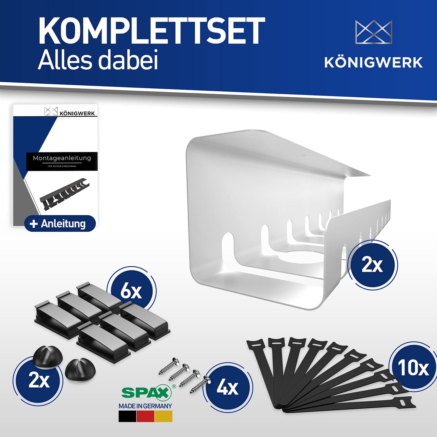 Königwerk Kabelkanal Schreibtisch fürs Kabel Management - Inkl. Zubehör - Tisch Kabelführung Kabelmanagement durch Kabelschacht - Cable Organizer Desk, Weiß