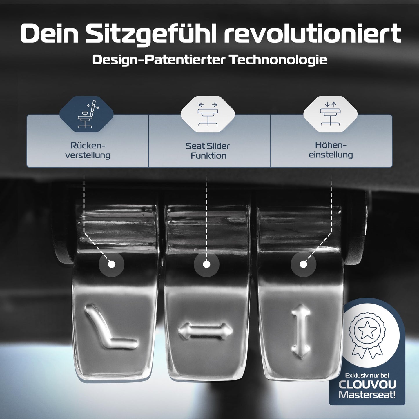 CLOUVOU MasterSeat Bürostuhl Ergonomisch | Schreibtischstuhl [QuantumFlex, 4D-Chrom-Metallarmlehne, Phantom Wheels] | Büro Stuhl, Computerstuhl Home Office Chair Ergonomic, Drehstuhl 150 kg