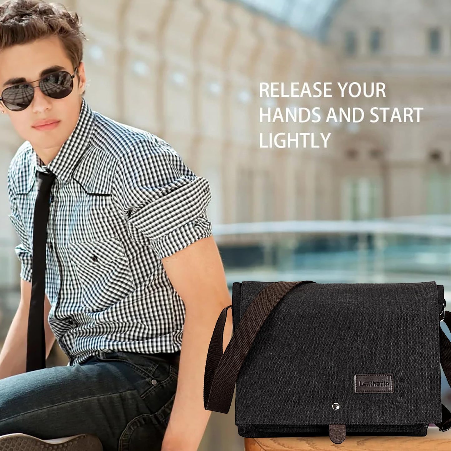 Leathario Umhängetasche Herren，Messenger Bag aus Canvas，Aktentsche Studententasche Laptoptasche 14 Zoll，Schultertasche Kuriertasche Herrentasche Collegetasche Uni Studenten Schwarz
