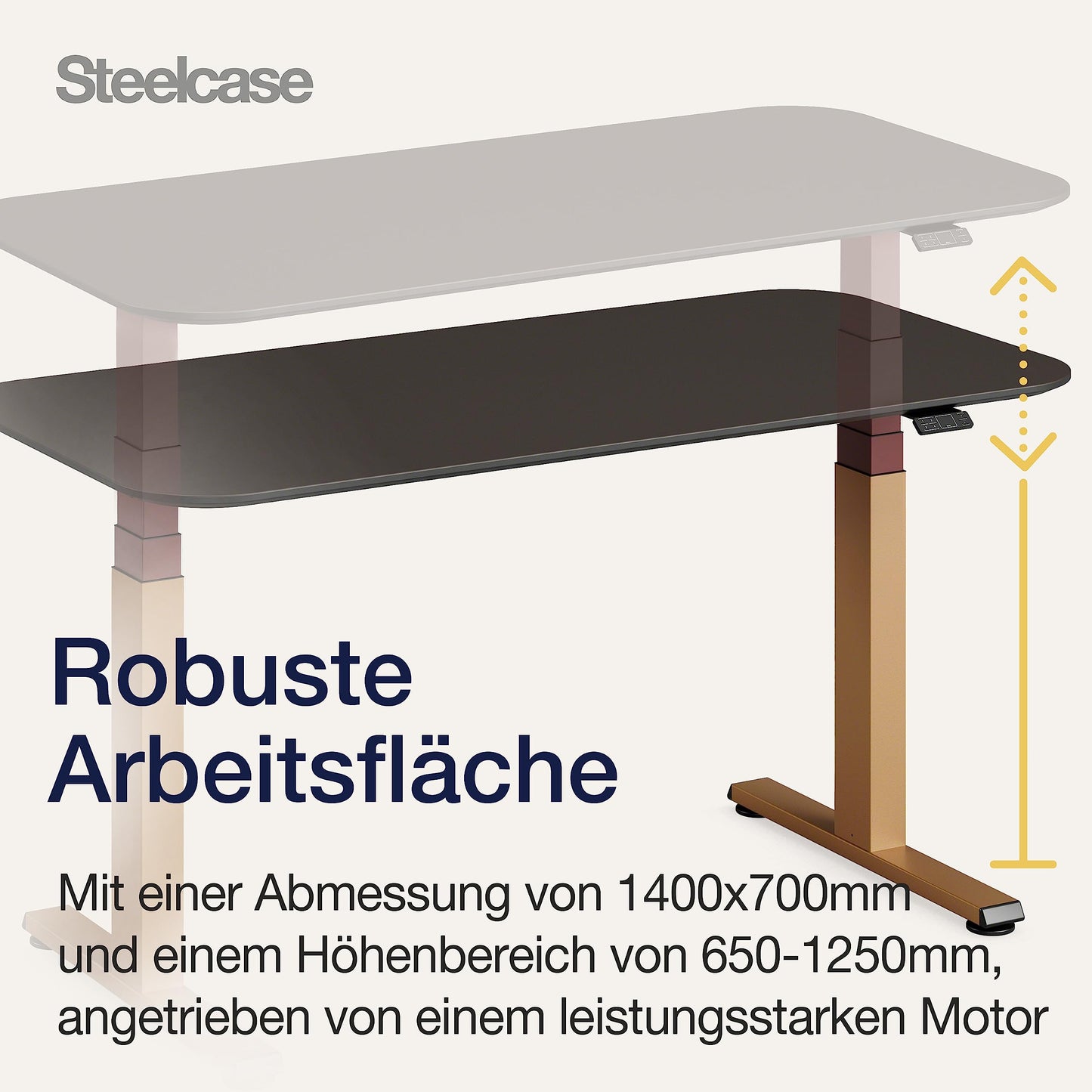 Steelcase Solo Elektromotorisch höhenverstellbarer Homeoffice-Schreibtisch, programmierbares Bedienpaneel, Antikollisionssensor, Kabelnetz, Tischplatte aus Linoleum Mauve, Gestell Messing Matt/Merlot