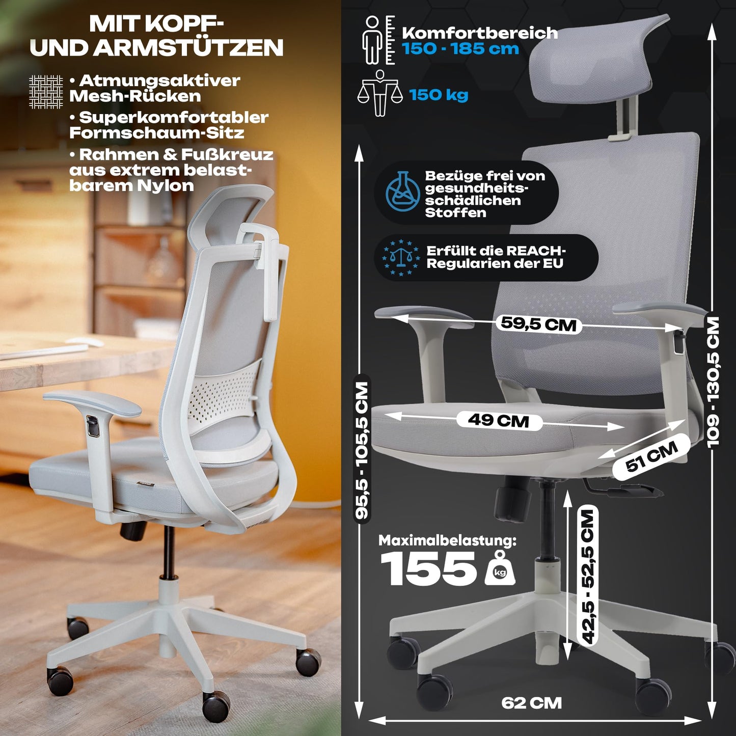 VALKENSTOL M2 Bürostuhl Ergonomisch mit individuell konfigurierbarer Armlehne und Kopfstütze für maximale Bewegungsfreiheit - bequemer ergonomischer Schreibtischstuhl für Büro und Home Office Chair