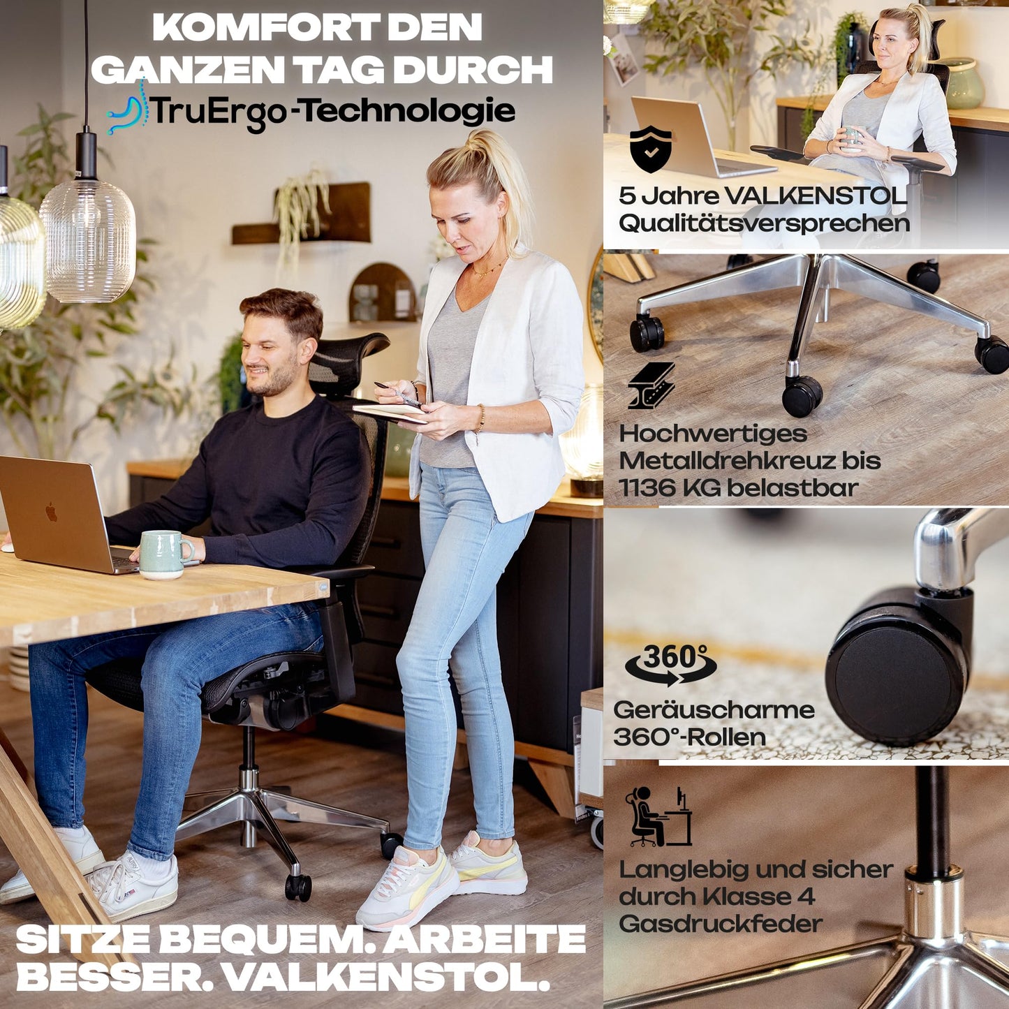VALKENSTOL M6 Bürostuhl Ergonomisch - Auch für Grosse Menschen, Mesh-Sitz Ergonomischer Bürostuhl Chefsessel Bürostuhl Schreibtischstuhl Office Chair