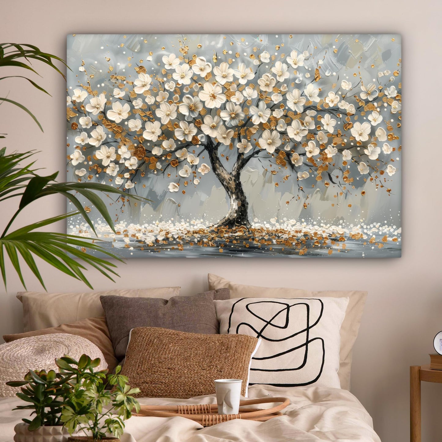 MuchoWow© Leinwand Bilder Groß 120x80 cm XXL Wanddeko Wohnzimmer Aesthetic Room Decor Deko Zimmer Wandbilder Modern Bild auf Leinwand Baum - Blumen - Weiß - Natur - Kunst