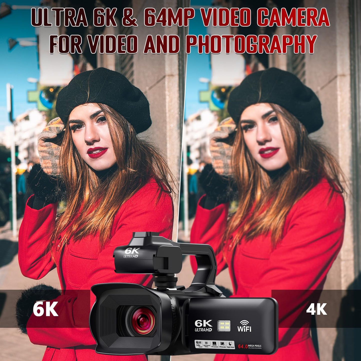 Videokamera 6K Camcorder 64MP 18X Digitalzoom Vlogging Kamera mit IR Nachtsicht für YouTube, HD Webcam Camera WiFi Videokamera mit 4500mAh Akku, SD-Karte, Stabilisator, Mikrofon und 2,4G Fernbedienung