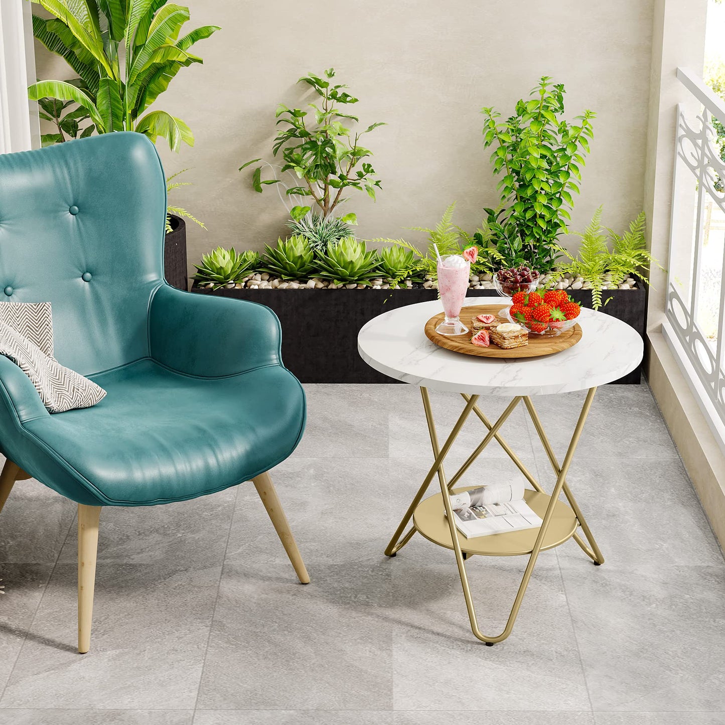 Tribesigns Faux Marmor End-Tisch, 2-stufiger runder Seitentisch, Beistelltisch mit Metalllegen, kleiner Akzent Tisch Snack Tisch für Wohnzimmer, Schlafzimmer, Balcony, Weiß und Gold (1, Weiß und Gold)