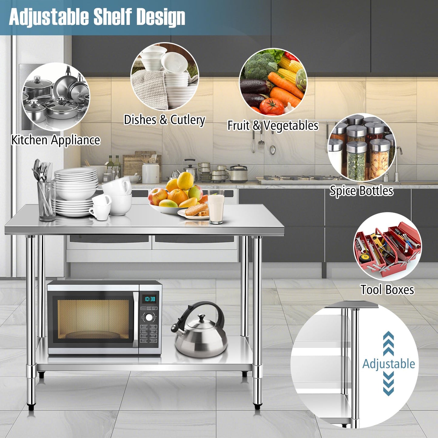 GIANTEX Edelstahl Arbeitstisch 2 Ebenen, Küchentisch Edelstahltisch mit höhenverstellbarer Ablage, Küche Lebensmittel Zubereitungstisch, verstellbare Füße, Gastro Tisch Ablagetisch 122x61x90 cm