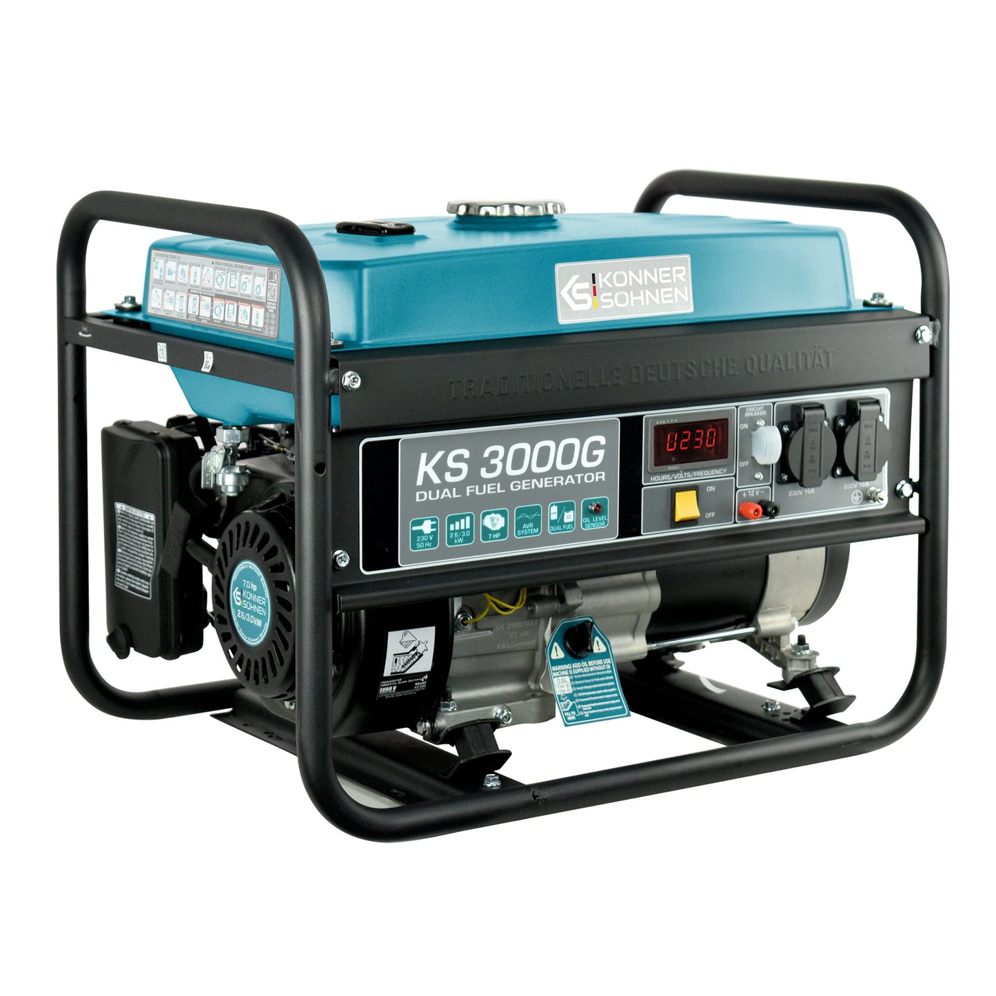 Könner & Söhnen KS 3000G - Hybrid Benzin-LPG 4-Takt Stromerzeuger, Kupfer Generatoren 3000 Watt, 16A, 230V, Generator für Kleinhaus, Garage oder Camping Blau3-g