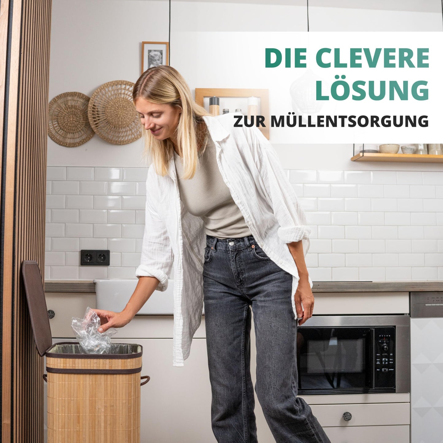 HOMELYN Gelber Sack Ständer I 80L, aus Bambus I Stabiler Müllsackständer mit Deckel I Extra für gelbe Säcke I Gelber Sack Mülleimer I Behälter gelbe Säcke für Küche & Haushalt