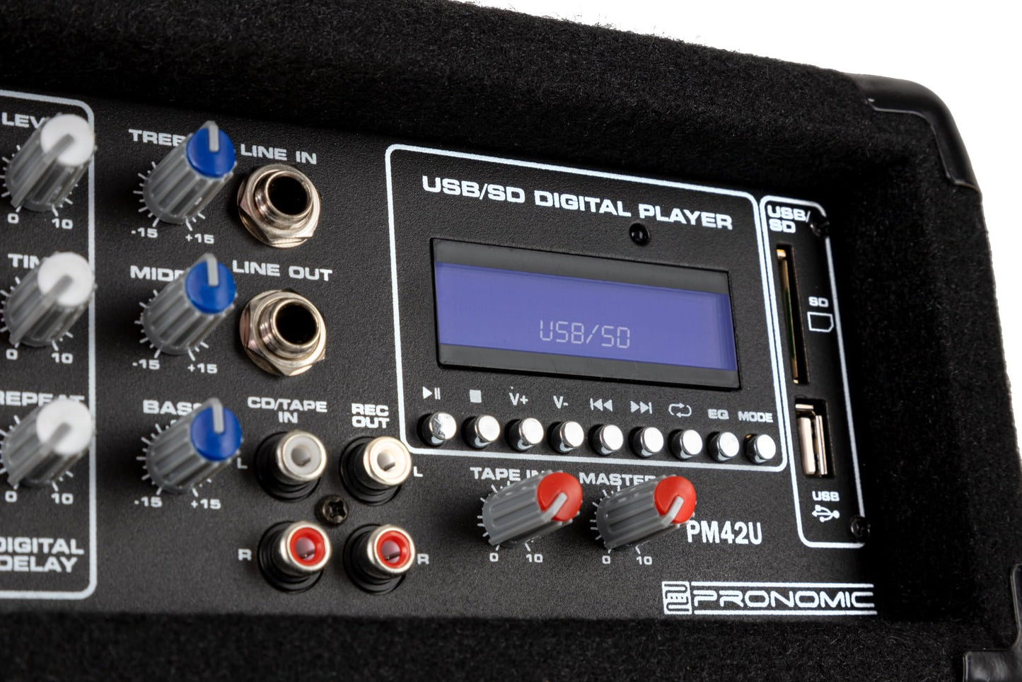 Pronomic PM42U MKII MP3 4-Kanal Powermischer - Mischpult mit Verstärker und integriertem USB/SD MP3-Player - 2x 100 Watt - Mic/Line/Instrument-Input - Powermixer mit 3-Band Graphic Equalizer