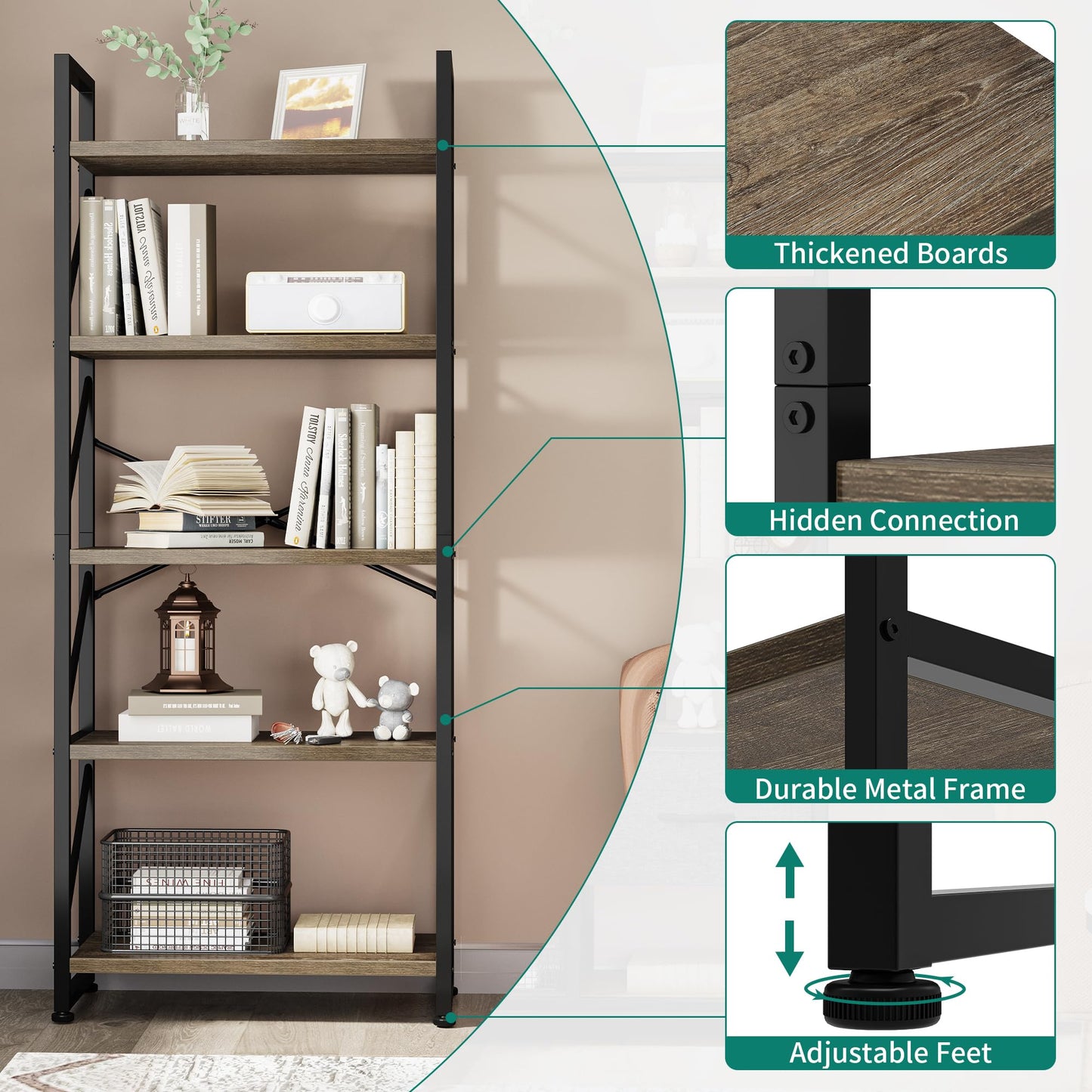 YITAHOME Bücherregal mit 5 Ebenen, Industrielles Standregal Aufbewahrungsregale für Wohnzimmer Bücher Schlafzimmer Büro Küche Zeitschriften, Grau