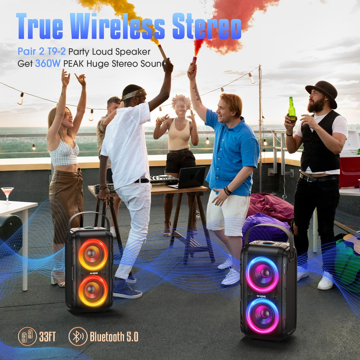 W-KING 180W PEAK Bluetooth Lautsprecher Box Groß, Kabelloser Musikbox Bluetooth Party Box Boombox mit Natürlich Tiefer Bass/4 Treiber 2 Subwoofer, 80W Riesig 105dB Sound/IPX5/Lichter/24H/USB/TF/AUX/EQ