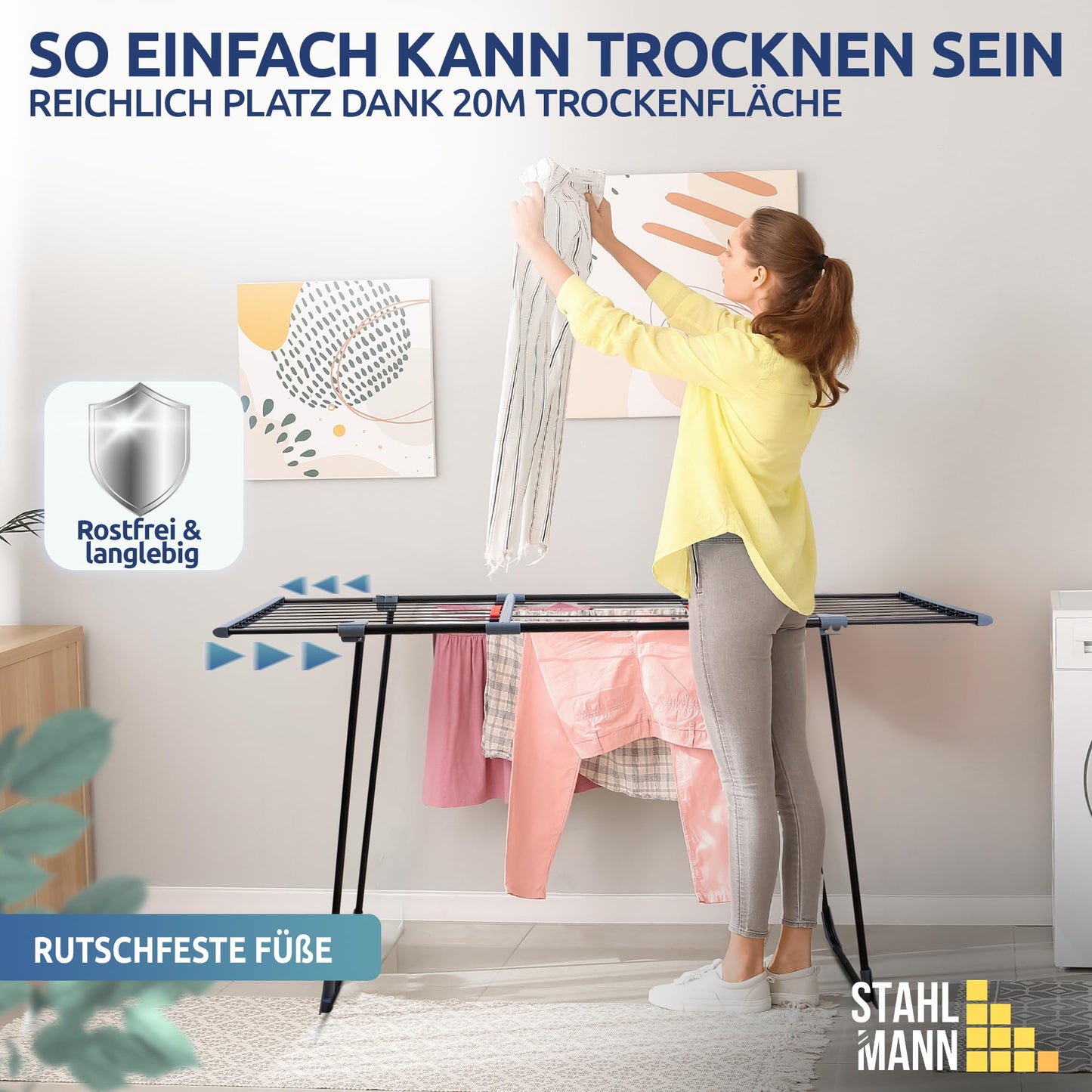 STAHLMANN ® Wäscheständer ausziehbar [20M Trockenfläche ] - Wäscheständer XXL [Made IN EU] - Wäscheständer schwarz mit Klemmen für kleine Wäschestücke - Wäscheständer platzsparend
